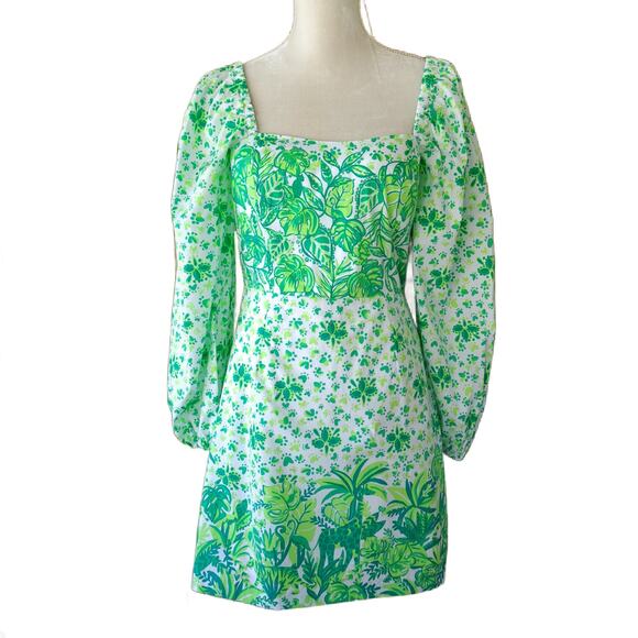 LILLY PULITZER Esteli Romper Size 4 Puff Sleeve Green Party Animals - Picture 2 of 15